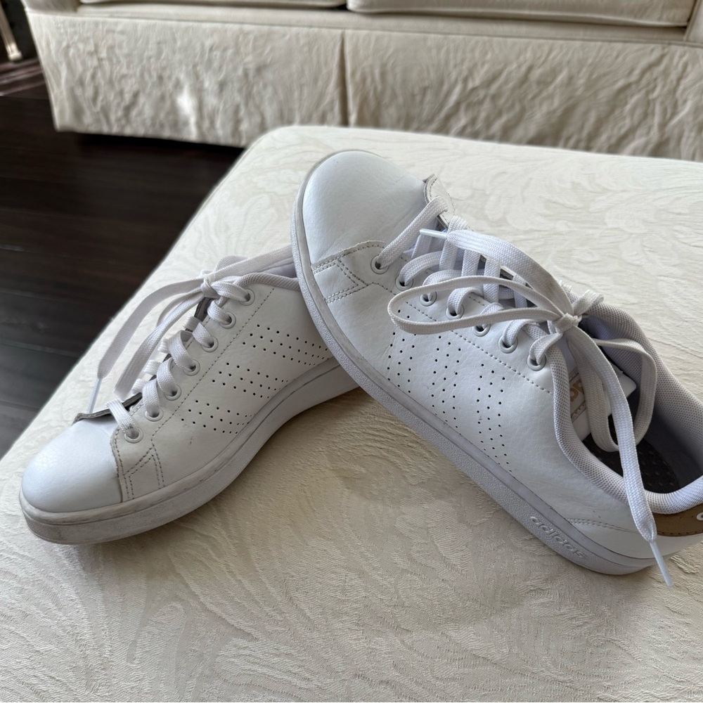 adidas White and Gold Sneakersโ with Perforated Upper and Low-Top Design